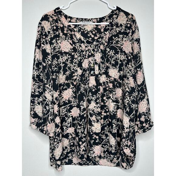 Rose + Olive Size 2X Black Floral 3/4 Sleeve Peasant Top Tunic Lightweight Flowy - Picture 5 of 11